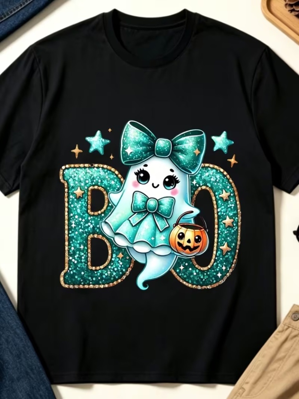 Cute Boo Ghost Halloween T-Shirt | Black Teal Glitter Look